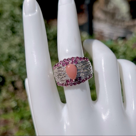 Oregon Peach Opal Rhodolite Garnet Zircon Sterling Silver Ring - Picture 11 of 15